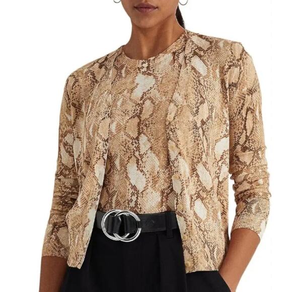 LAUREN Ralph Lauren Tan Snakeskin Print Cotton-Blend Cardigan Size Small New - Picture 1 of 9